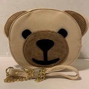 Round Teddy Bear Face Bag Cream Brown Colors Courderoy Zip Close Novelty Handbag